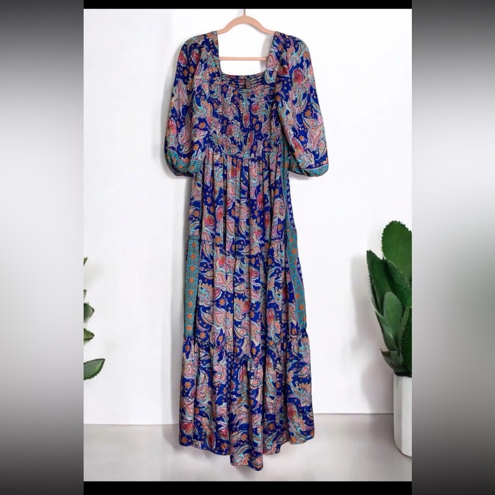 ME 2 MAGIC Anthropologie Bohemian Smocked Maxi Tiered Dress Large Balloon Sleeve - Picture 2 of 8